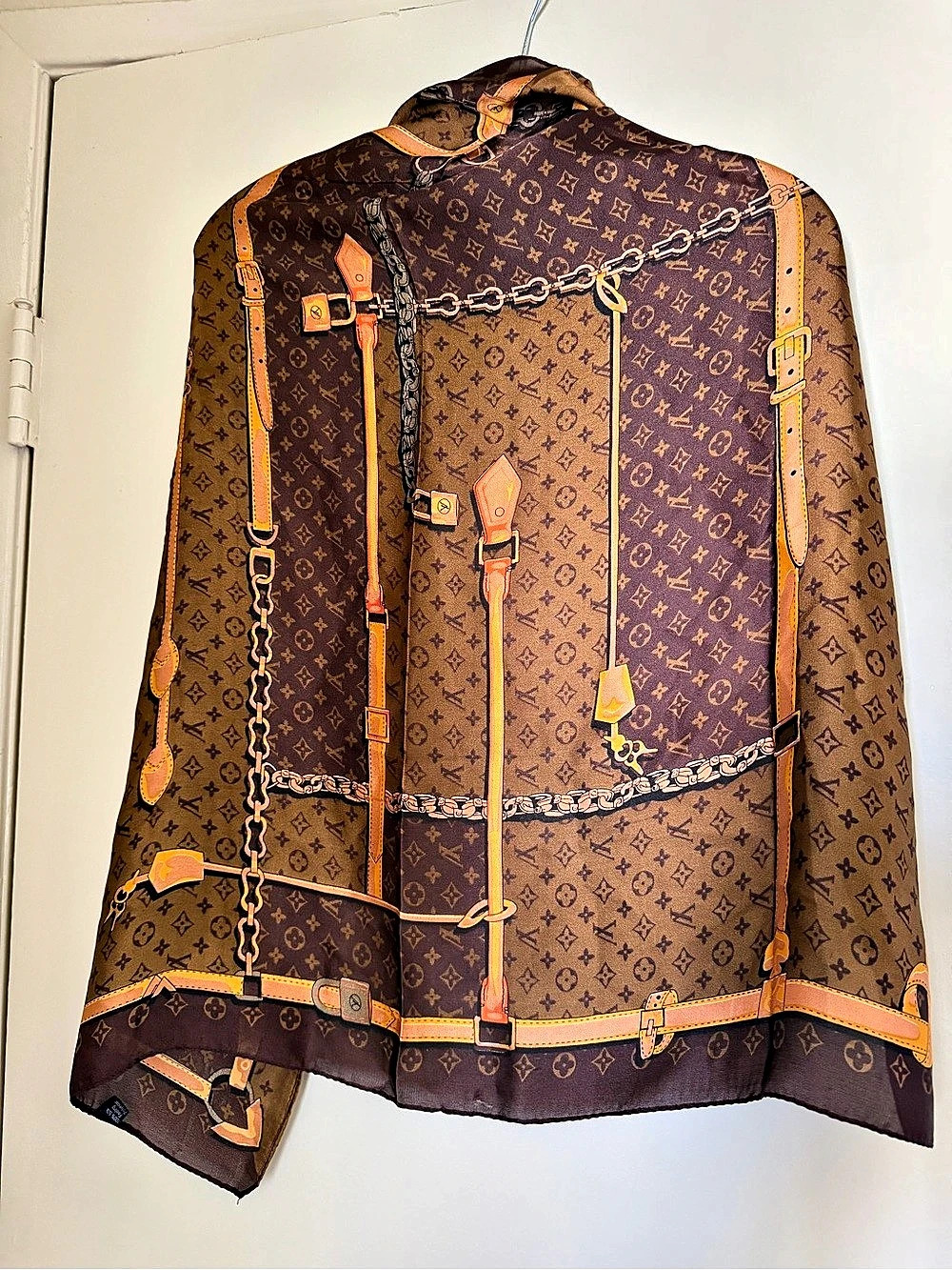 100 💯 Silk Monogram Scarf in Brown & Orange Like New